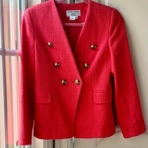 Helene Berman  V Neck Tweed Coral Double-Breasted Blazer